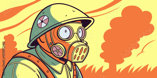 Soldier in gas mask with wide fearful eyes, reflecting red flash of nuclear detonation in lenses, surrounded by ominous smoke and chaotic atmosphere, depicting intense wartime emotions