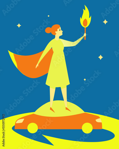 Woman standing confid during the flood ently on a floating car, wrapped in a vibrant blanket, holding a distress flare, set against a bold vector night scene with stars and dynamic colors