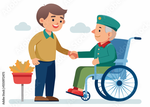 Veteran in wheelchair shaking hands with child, showcasing emotional connection, warm colors, and inviting atmosphere, symbolizing friendship and respect for service