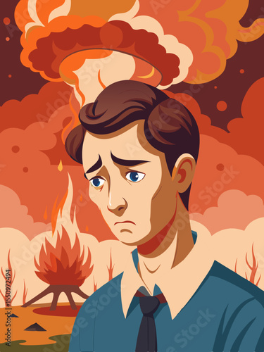 Close-up of a distressed man with tears on his face, surrounded by burning debris and a blurred mushroom cloud, capturing the emotional impact of devastation and loss
