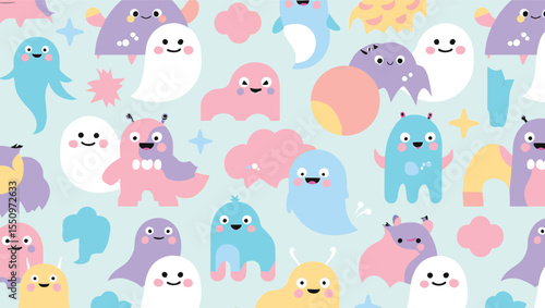 Adorable Pastel Ghost and Monster Seamless Pattern Cute Cartoon Characters for Kids, Fabric, and Digital Designs