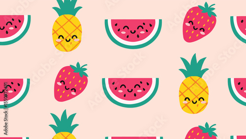 Adorable Summer Fruits Pattern Watermelon, Pineapple, Strawberry Kawaii Design