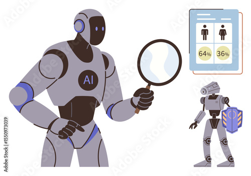 AI robot holding magnifying glass inspecting data, gender analysis on a report, robot assistant with package. Ideal for artificial intelligence, big data, automation, robotics, gender studies