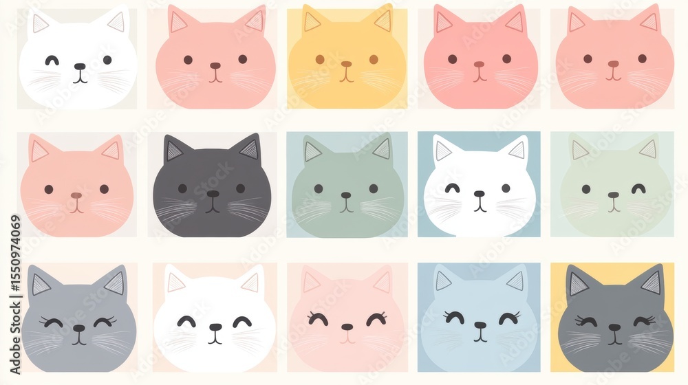 Charming vector cat faces in pastel shades add a playful touch to your design projects. Charming vector cat faces in pastel shades add a playful touch to your design projects.
