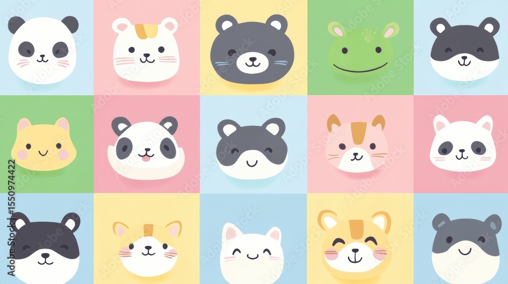 Fototapeta premium Cute animal faces pattern with pastel background. Ideal for kids' decor and playful designs.