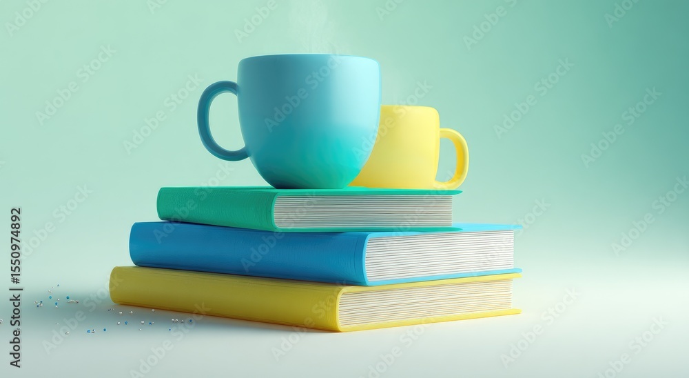Naklejka premium Teal & yellow cups on books, pastel colors