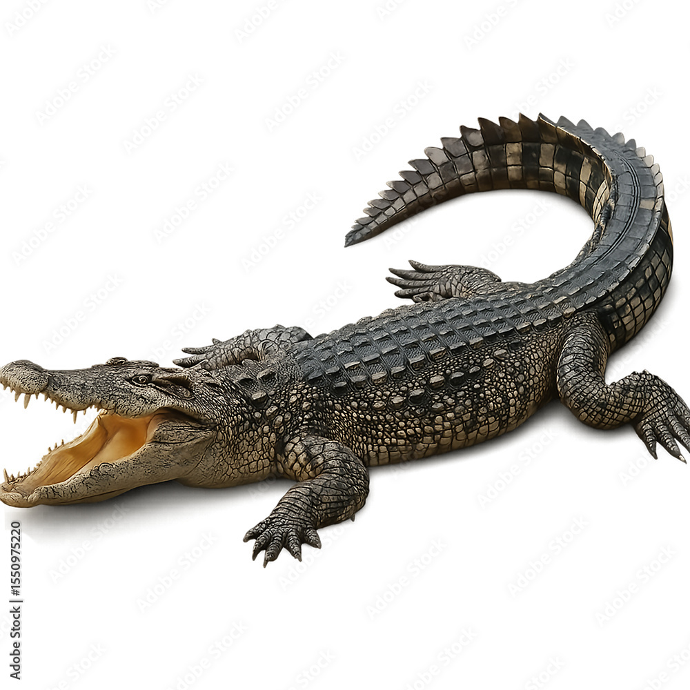 Obraz premium High-Resolution Image of a Crocodile with Open Mouth and Curved Tail on Transparent Background