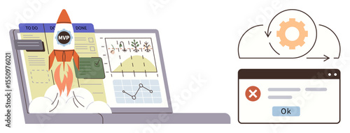 Rocket launching from a laptop screen showing task boards and analytics charts. Adjacent cloud sync icon and error window. Ideal for startup, workflow, analytics, innovation, tech processes