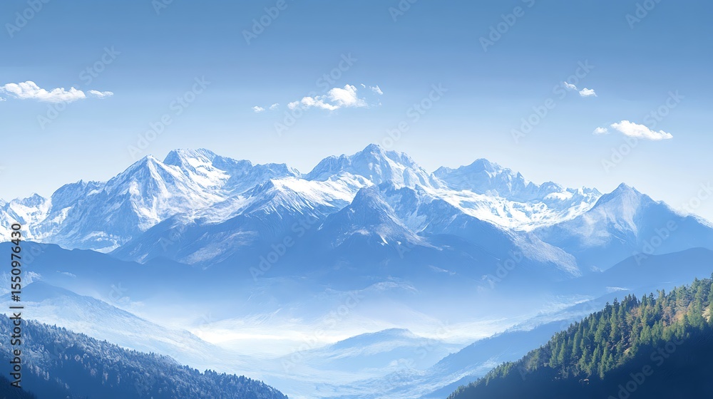 Obraz premium Beautiful painting of a waterfall in serene forest mountain, snow, sky, landscape, 