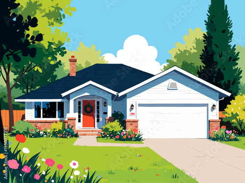 suburban bungalow with attched 2-car garage and lush green lawn 