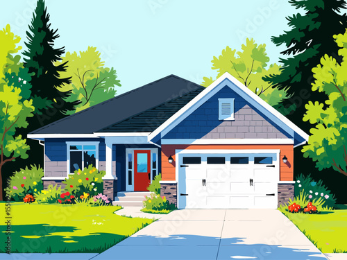 suburban bungalow with attched 2-car garage and lush green lawn 