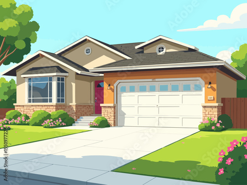suburban bungalow with attched 2-car garage and lush green lawn 