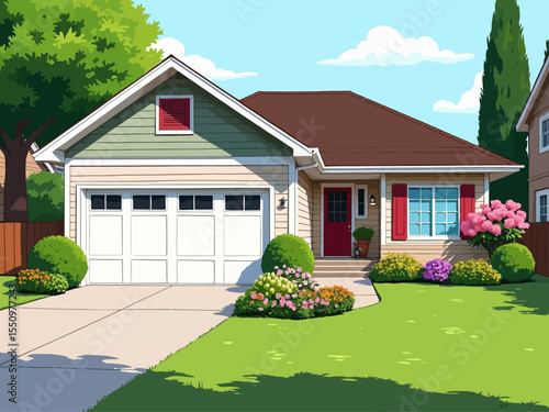 suburban bungalow with attched 2-car garage and lush green lawn 