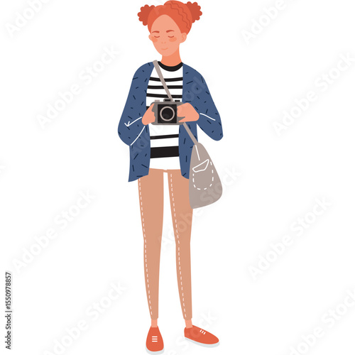 teenager girl traveler blogger taking photo on camera vector icon isolated on white