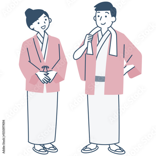 旅館の浴衣と羽織を着た女性と男性