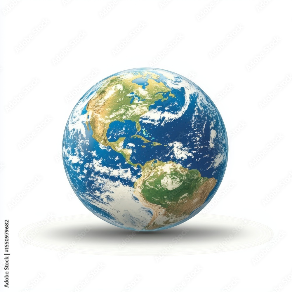 Fototapeta premium Realistic 3D Earth Globe Rotating on A Soft Shadow with Detailed Continents and Ocean Colors