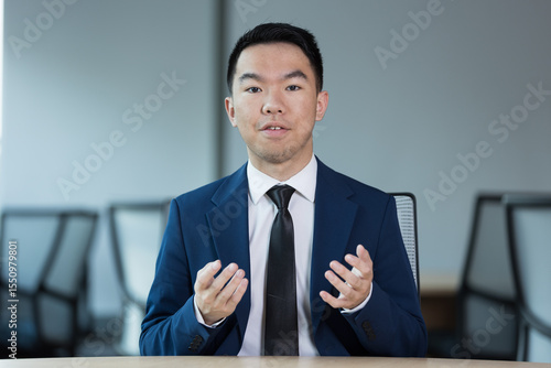 A young man in a suit addresses the camera with open hands, responding to an interview question or giving a presentation. For video interviews, job preparation guides, or startup pitches.