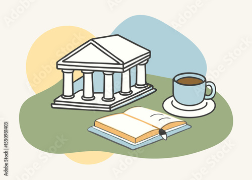Stylized Education and Learning Illustration with a Book Coffee and Government Building Ideal for Academic Content