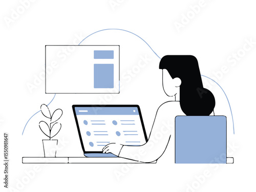 Modern Work: An illustrative depiction of a woman working on a laptop with a secondary screen. The image captures the essence of a modern workspace and the flow of ideas.