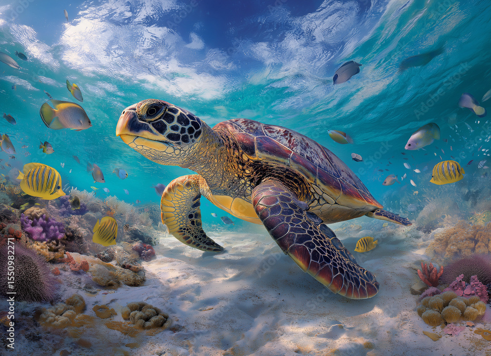 Fototapeta premium A colorful sea turtle swimming gracefully near the sandy ocean floor