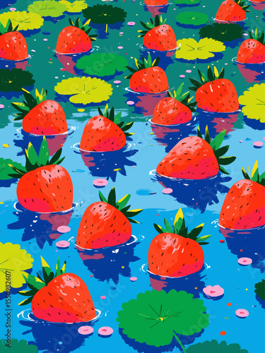Freshly harvested strawberries in a vibrant pool of water