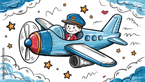 Crayon Style Cartoon Pilot Flying Airplane in Sky vector illustration,Generative Ai