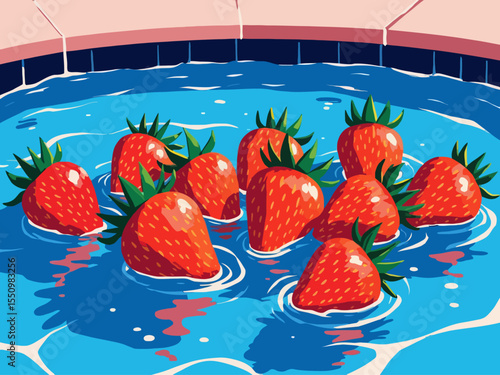 Freshly harvested strawberries in a vibrant pool of water