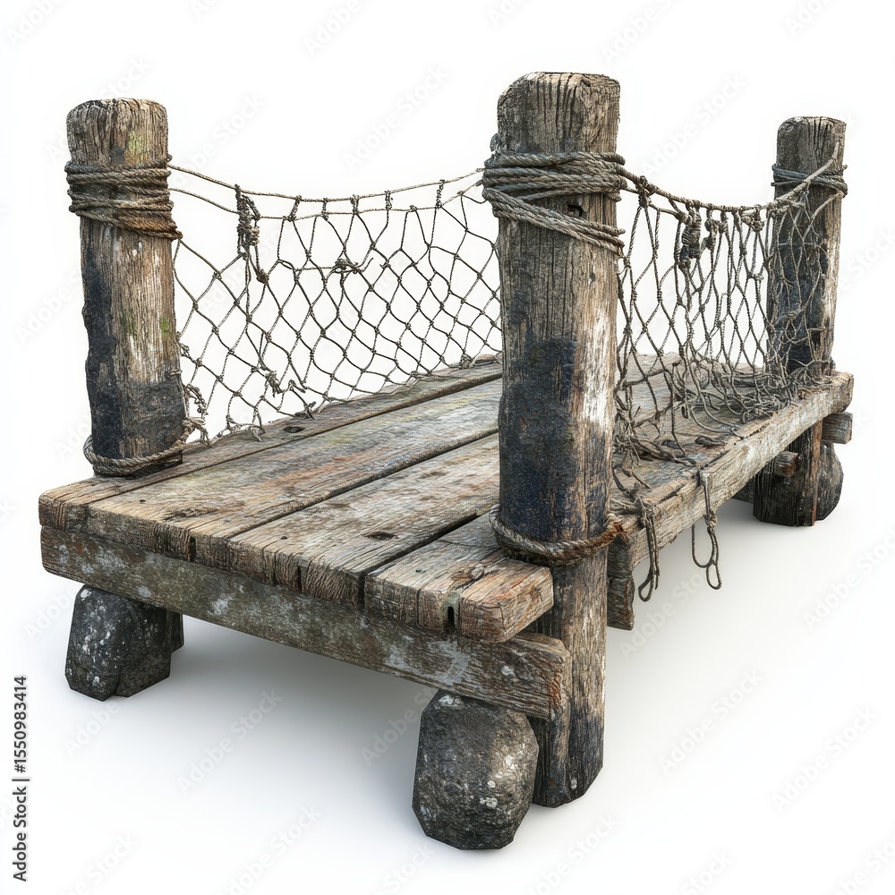 Fototapeta premium A rustic wooden bridge with thick posts and rope netting, showcasing weathered textures and sturdy design, isolated on a white background.
