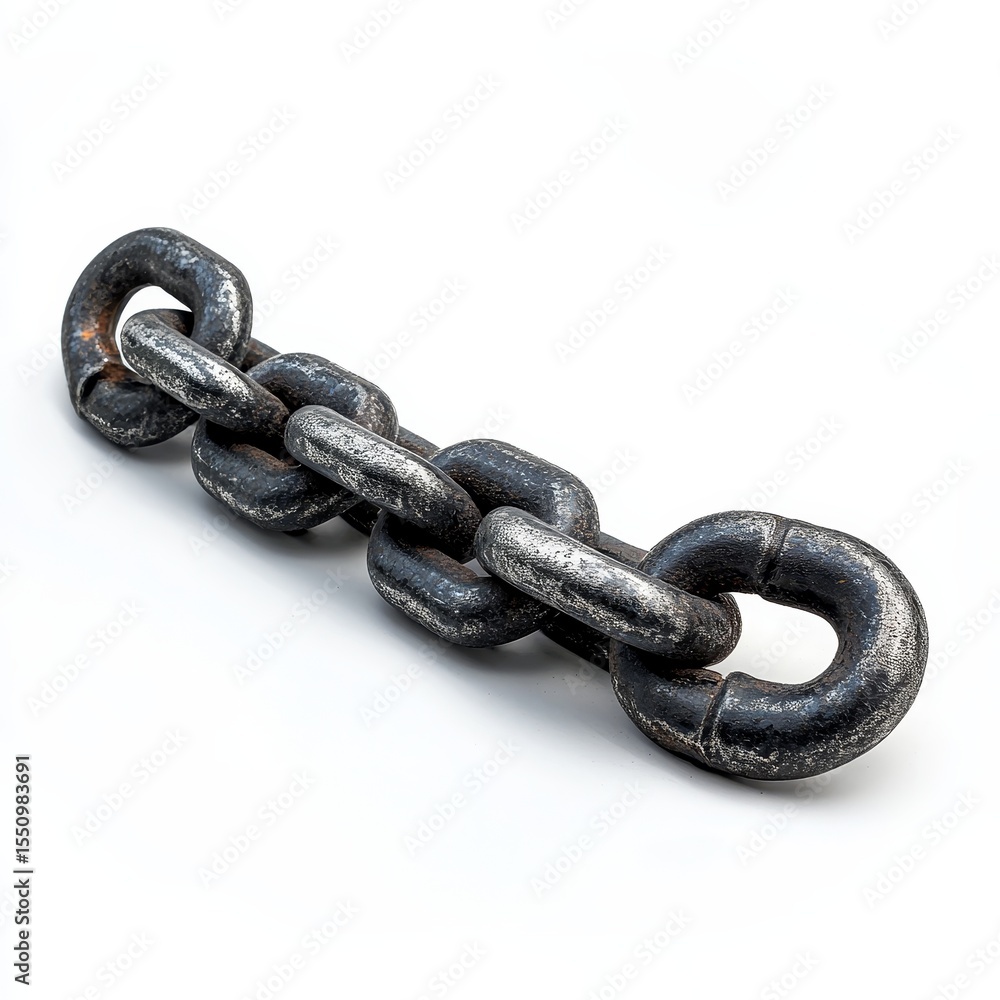 Obraz premium A close-up of a short, heavy-duty metal chain with thick, interconnected links on a white background.