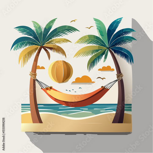 A serene vector card showing a hammock between two palms by the sea, relaxing and joyful in sunny Bauhaus tones.