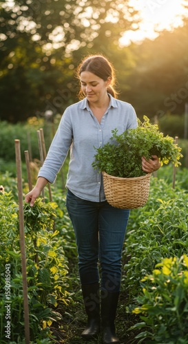 A Woman Harvesting Fresh Herbs in a Lush Garden at Sunset: A Serene Moment of Sustainable Farming