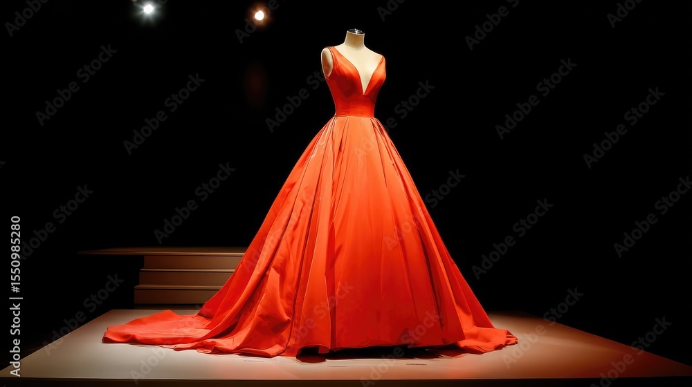 Obraz premium Deep neckline red evening gown worn by mannequin with long shadow on stage