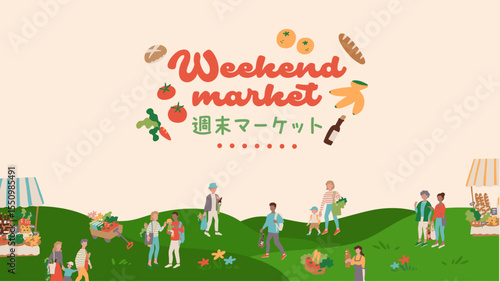 休日のマーケットなどのイベントを楽しむファミリー、カップルなどの人物＆小物のベクターフレームイラスト素材 Vector frame illustration of people and accessories, including families and couples enjoying holiday markets and other events.