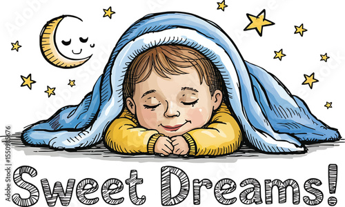 Hand drawn sleeping child with sweet dreams message crayon sketch card vector illustration,Generative Ai