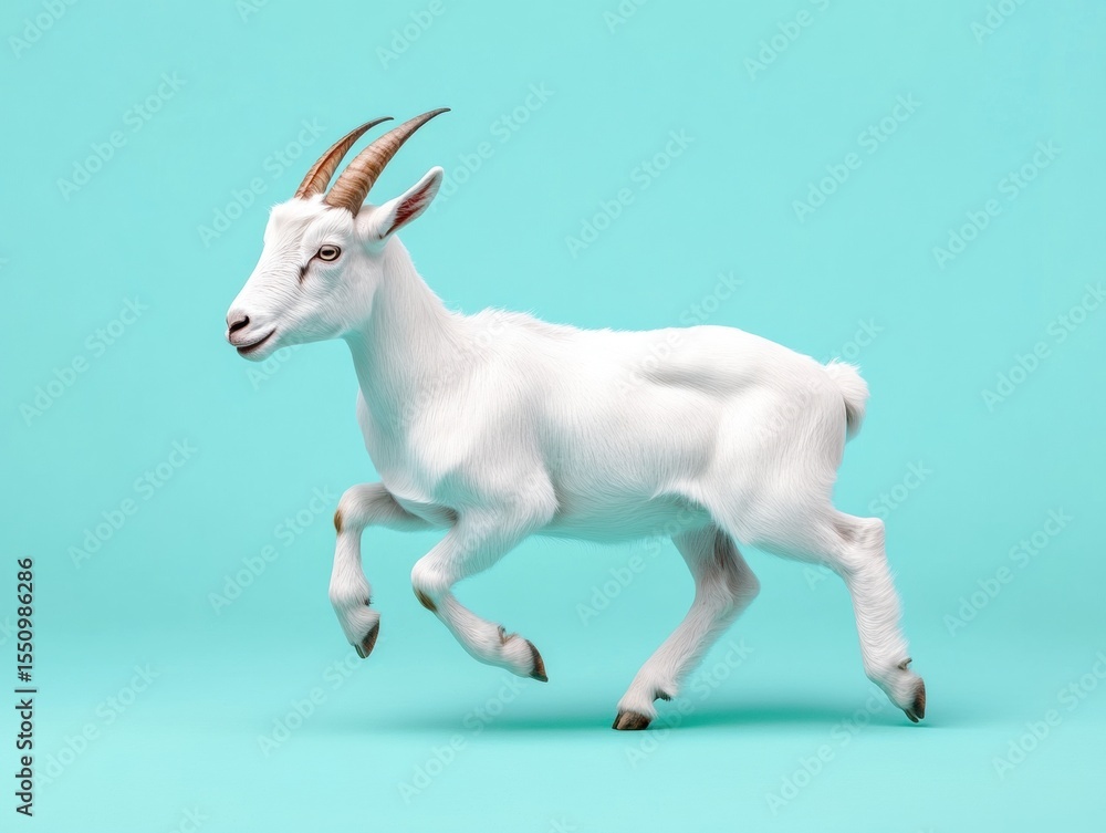 Fototapeta premium White goat running against teal background