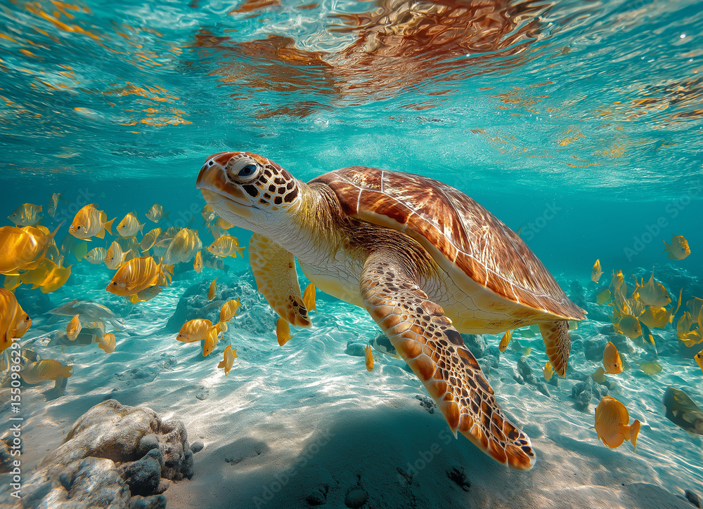Fototapeta premium A colorful sea turtle swimming gracefully near the sandy ocean floor
