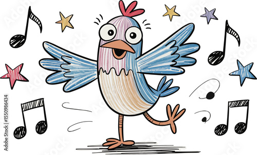 Cartoon bird dancing with music notes and stars naive art crayon style vector illustration,Generative Ai