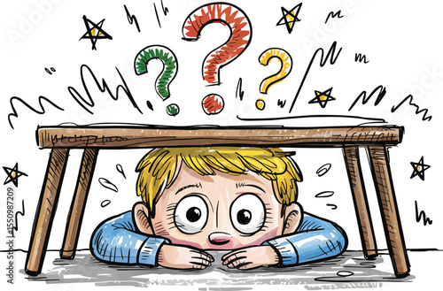 Funny boy under table looking up with question marks and stars vector illustration,Generative Ai