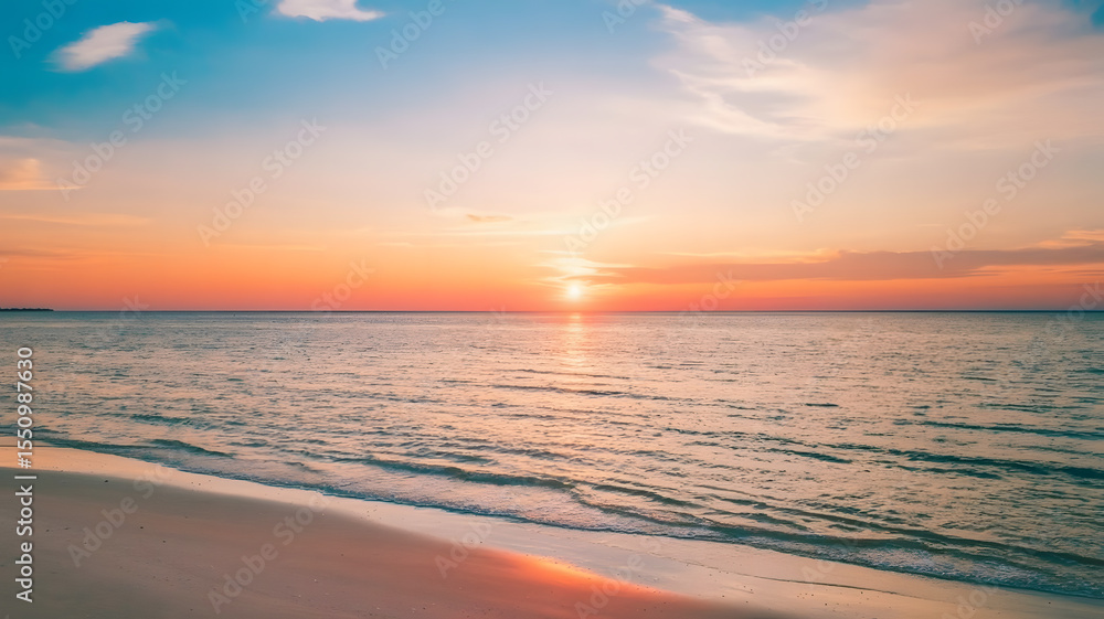 Obraz premium Sunset Serenity: Tranquil Beach Scene with Vibrant Sky and Gentle Waves
