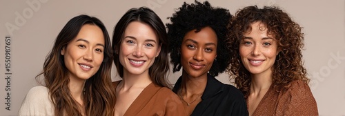 A close-up of four professional women with varied hairstyles and outfits standing side by side Their expressions radiate confidence and
