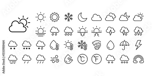Weather and meteorology editable stroke outline icons set isolated on white background flat vector illustration.