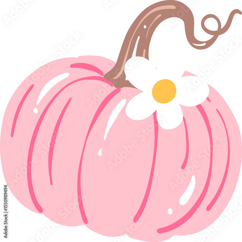 Pink Pumpkin with White Daisy Illustration, Cute Pastel Fall Clipart for Halloween or Autumn Decor

