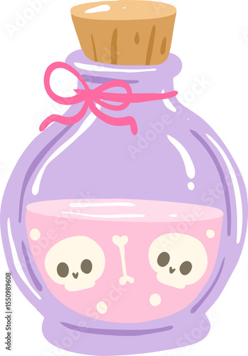 Potion Bottle with Skulls Illustration, Cute Pastel Halloween Clipart with Kawaii Witchy Style

