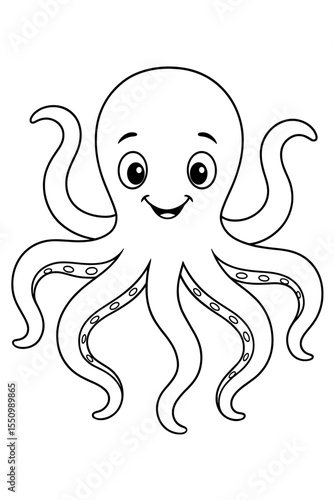A cheerful octopus with eight wavy arms stretches out in this simple and fun black and white cartoon drawing, perfect for kids to color.