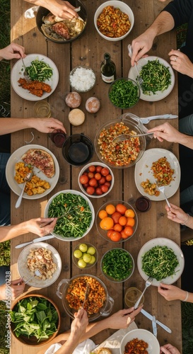Overhead Shot of a Group of People Enjoying a Delicious and Healthy Outdoor Meal Together on a Sunny Day