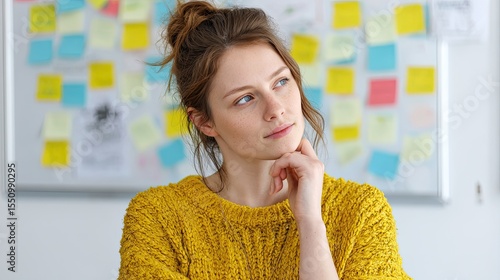 A thoughtful young woman in a yellow sweater stands in front of a whiteboard cluttered with various sticky notes Her