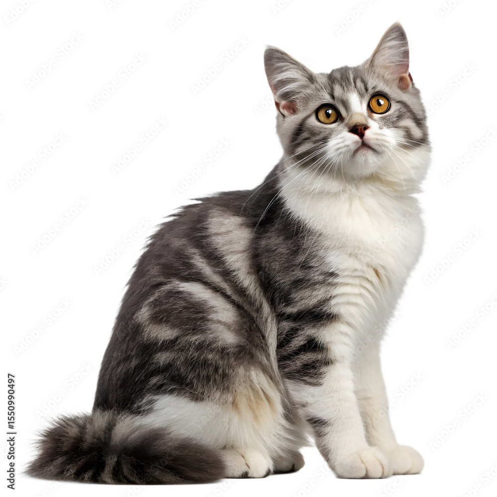 Obraz premium A charming gray and white tabby kitten sits calmly against a white background, its orange eyes looking attentively upward, isolated on transparent background