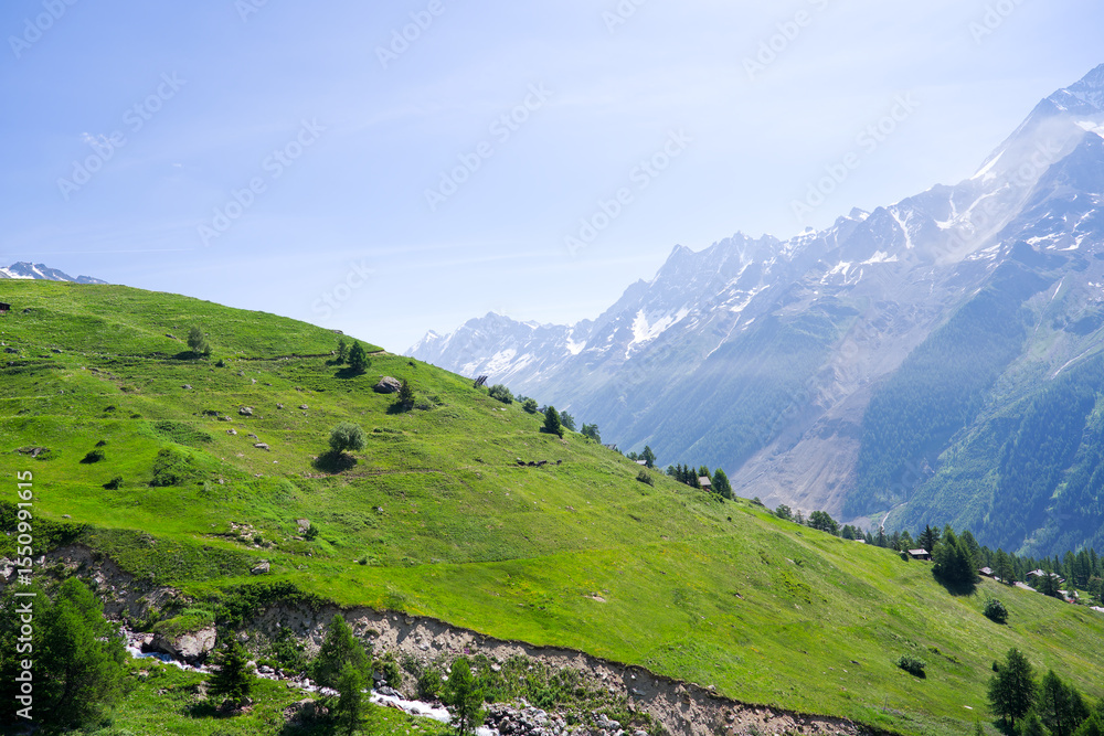 Naklejka premium Beautiful view with scenic landscape in the Swiss Alps at Lötschental Valley at Lauchernalp on a sunny late spring day. Photo taken June 19th, 2025, Wiler, Switzerland.