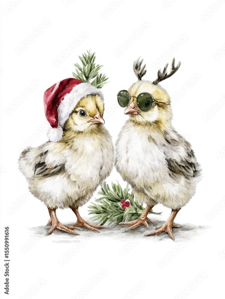 Fototapeta premium Cute chickens in Christmas hats and sunglasses celebrate the holiday season in a sublaycorepunk style illustration