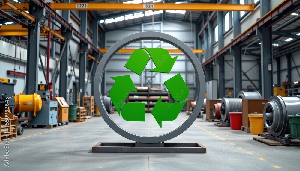 Fototapeta premium Recycling symbol in industrial warehouse setting.